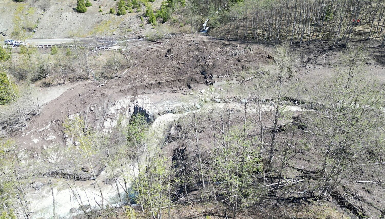 The debris slide on the Spirit Lake Highway about 2 miles from Johnston Ridge is pictured from above on Monday morning.